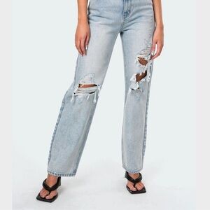 Blue Straight Leg Distressed Jeans